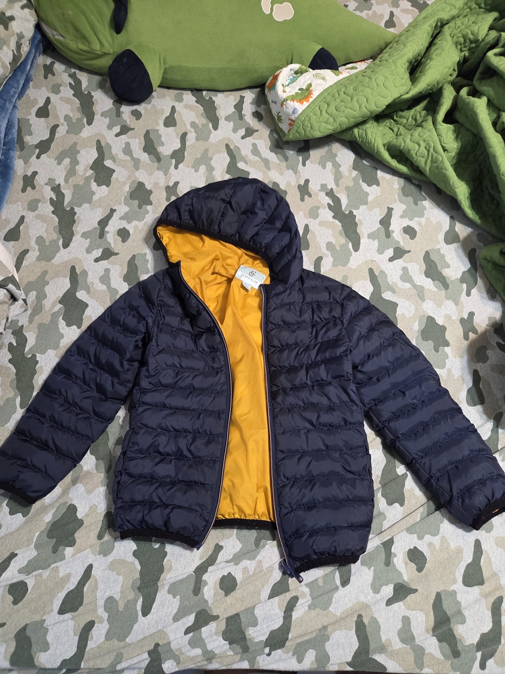 Kids Hooded Puffer Jacket - Navy with Yellow Lining